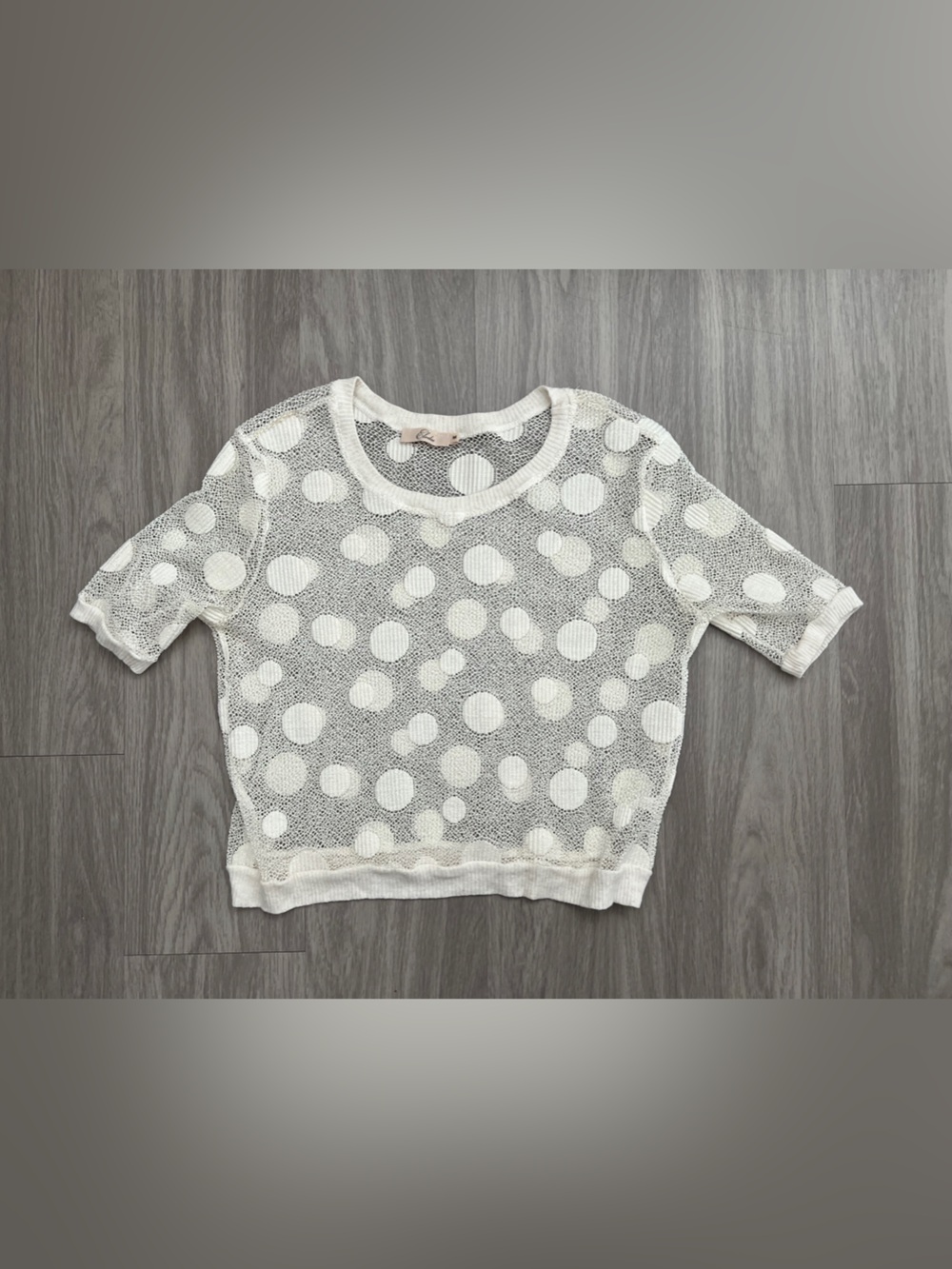 Elodie Ivory Sheer Polka Dot Open Knit Short Sleeve Top Size Medium